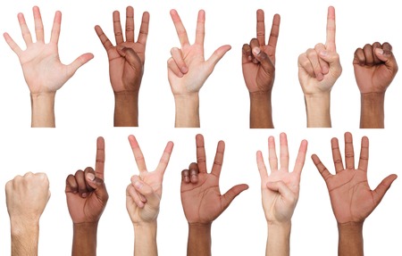 Set of white and african-american male hand show figures, count one, two, three, four, five. Isolated at white backgroundの写真素材