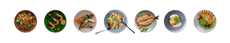 Set of various restaurant meals isolated on white background. Collage of different main courses and...