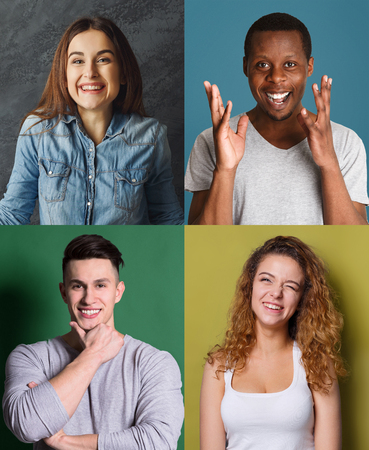 Collage of happy emotional multiethnic diverse people laughing and grimacing at colorful studio backgroundsの写真素材