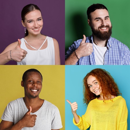 Set of happy diverse people showing thumb up at colorful studio backgroundsの写真素材