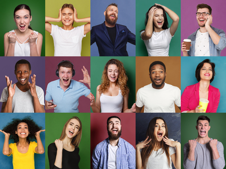 Collage of happy emotional multiethnic diverse people laughing and grimacing at colorful studio backgroundsの写真素材