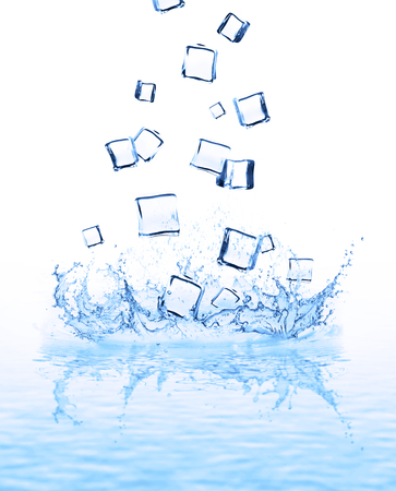 Ice cubes and water splashes in crown shape, isolated on white backgroundの写真素材
