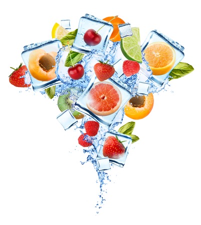 Fresh fruit splash with ice cubes over white background, isolatedの写真素材