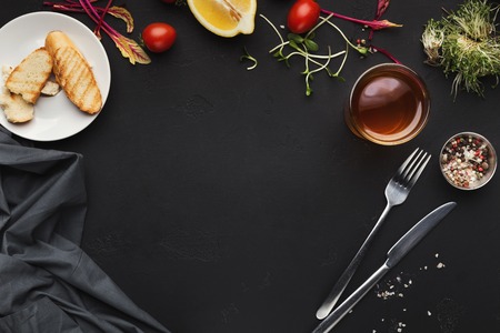 Lunch time background. Table set for dinner, copy space for your dish, top viewの写真素材