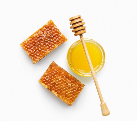 Honey. Natural bee products isolated on white background. Organic ingredients for cosmetics or medicine, top viewの写真素材