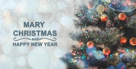 Merry Christmas and happy new year concept. Tree with decorations and ballsの写真素材