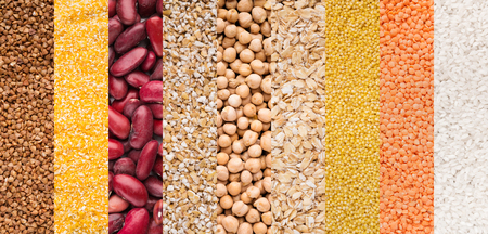 Ranks of red beans, rice, cereals and other various legumes, top viewの写真素材