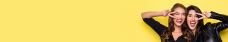 Two playful girls gesturing v-sign near winking eye, getting crazy at camera on yellow background,...