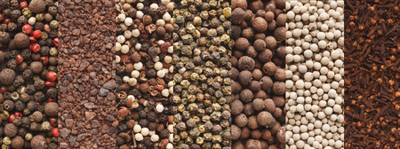 Aromatic condiment seeds collage background, panorama