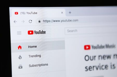 Kharkiv, Ukraine - December 11, 2018: Youtube video service on computer screen close-up. Youtube service menuのeditorial素材