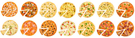 Different pizzas set on white background, top view, panoramaの写真素材