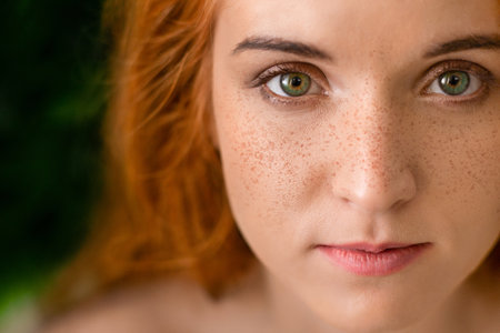 Beautiful young freckled green-eyed lady with red hair portrait, closeupの写真素材