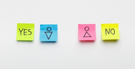 Gender of discrimination between men and women in employment. Yes for man, no for woman, panoramaの写真素材