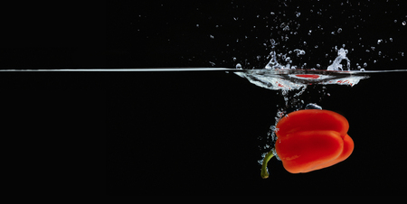 Fresh water splash on orange sweet pepper on black background, panorama with empty spaceの写真素材