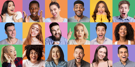 Young diverse people grimacing and gesturing at colorful backgrounds. Peoples emotionc and gestures conceptの写真素材