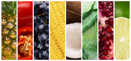 Vegetarian dieting. Fresh fruits and vegetables collection, panorama, vertical stripesの写真素材