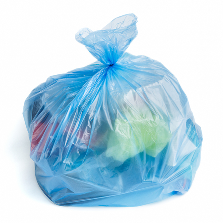 Plastic garbage bag full of trash on white background, isolatedの写真素材