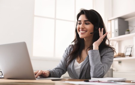 Work In Callcenter. Female Secretary With Headset Doing Customer Service