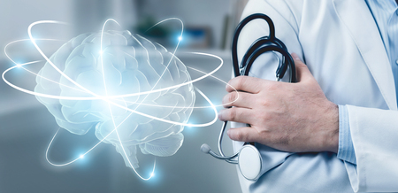 Modern science and medicine. Doctor with stethoscope standing next to brain with wireless connections around, panoramaの写真素材
