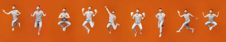 Collage of jumping millennial guy in air on orange background, panorama