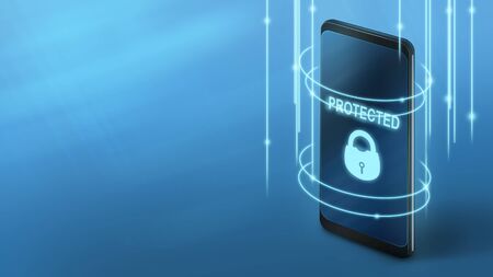 Save your device. Protected phone with neon lock on screen, panorama, copy spaceの写真素材
