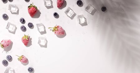 Summer time. Frozen fruits for fresh cocktails with ice cubes on white background with tropical tree shadow, panorama, copy spaceの写真素材