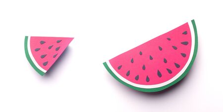 Juicy fruits. Summer wallpaper with slices of watermelon on white background, panorama, free space,...