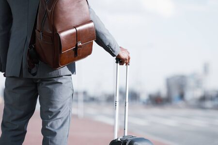 Business Trip. Businessman with Baggage Waiting For Taxi In Airport, Crop, Free Space