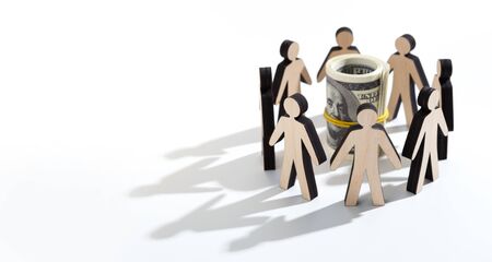 Crowdfunding concept. Round of wooden human businessmen deciding what to do with dollars, panorama,...