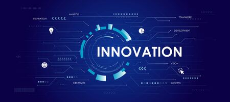 Innovation Concept. Futuristic Diagram with Inspiration, Creativity and Teamwork Words On Blue Backgroundの写真素材
