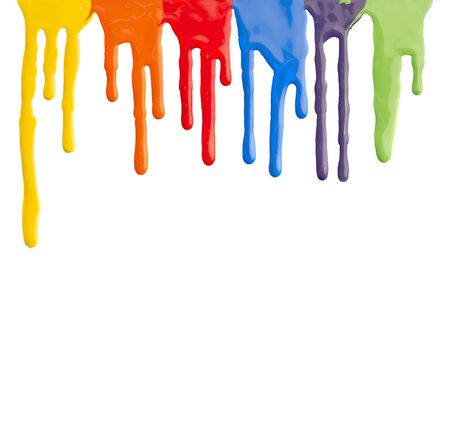 Liquid motion of acrylic colors flowing down on white background with copy spaceの写真素材