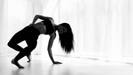 Talented Girl Dancing Contemporary Ballet In Studio. Black And White Photo, Panorama, Empty Spaceの写真素材