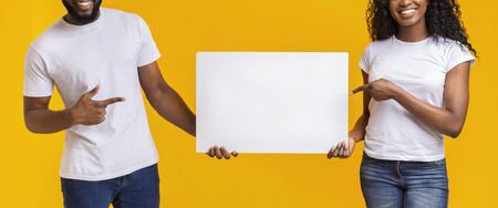 African American Couple pointing at empty advertising board between them, panoramaの写真素材