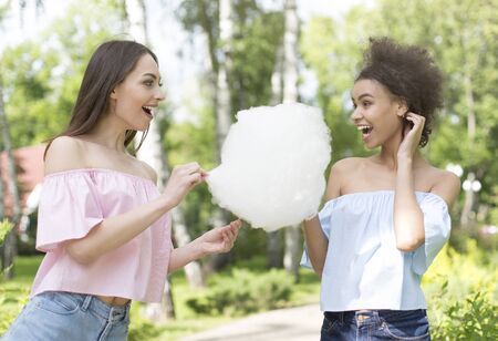 Happy Caucasian And African-American Eating Cotton Candy In The Parkの写真素材