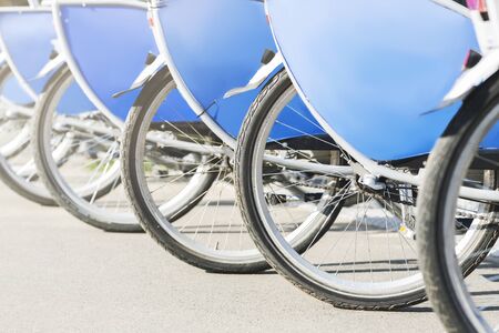 Rent-a-bike services. Bicycles ready for renting, free space