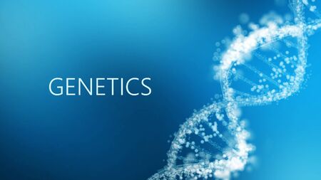 Laboratory background. Word Genetics with DNA helix on blue scientific backdrop, panorama