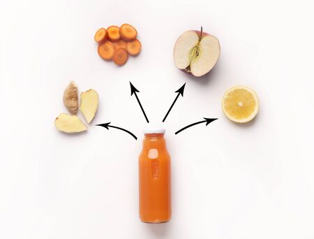 Natural fresh juice with components and arrows on white backgroundの写真素材