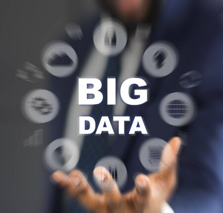 Business intelligence concept. Big data network with blurred financial iconsの写真素材