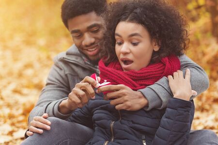 Afro man making propose to his girlfriend, holding red box with ring, dating in autumn parkの写真素材