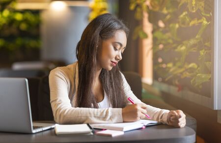 Brunette mixed race girl studying in cafeteria, using laptop and making notes, copy space