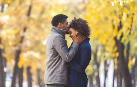 Tender kiss. African american man kissing his girlfriend forehead while walking in autumn city park, copy spaceの写真素材