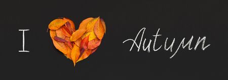 I love autumn concept. Creative composition of text and heart of leaves on black background,...