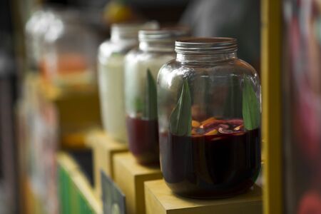 Party beverage. Creative summer cocktails in jars for summer picnicの写真素材
