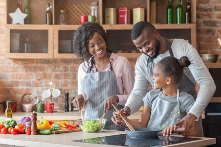 Kind black parents teaching their adorable daughter how to cook healthy food, kitchen interior, copy spaceの写真素材