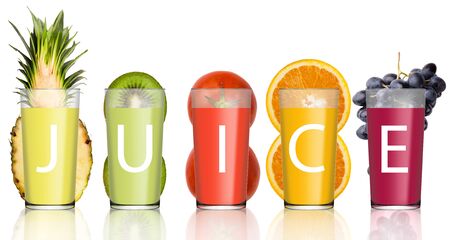 Fresh juice in glasses with fruits and text, collage on white background, panoramaの写真素材