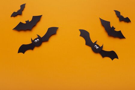 Halloween nightmare. Creative composition of Halloween bats on orange background with copy space