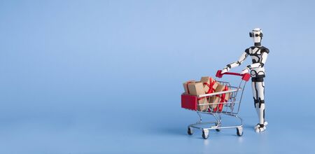Innovative present delivery. Little robot pushing shopping cart with gift boxes, blue background...