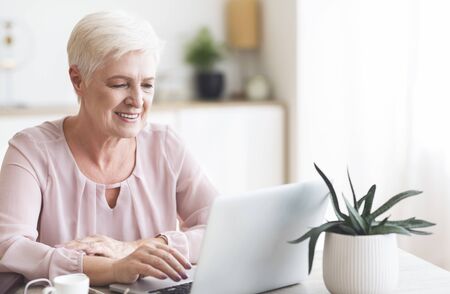 Smiling senior business woman looking at laptop, working from home, panorama with empty space