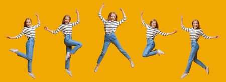 Collage of jumping teenage girl in air over orange background, panoramaの写真素材