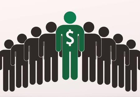 Need for profit. Green boss with dollar sign leading successful corporate team on light backgroundの写真素材